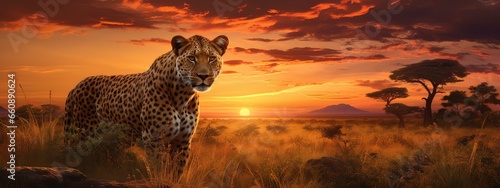 Wild savannah at sunset photo realistic illustration - Generative AI.
