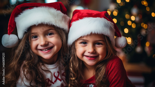 Two young girls wearing christmas hats pose for a picture, Generative AI