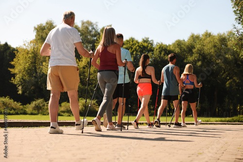 Group of people practicing Nordic walking with poles in park on sunny day, back view