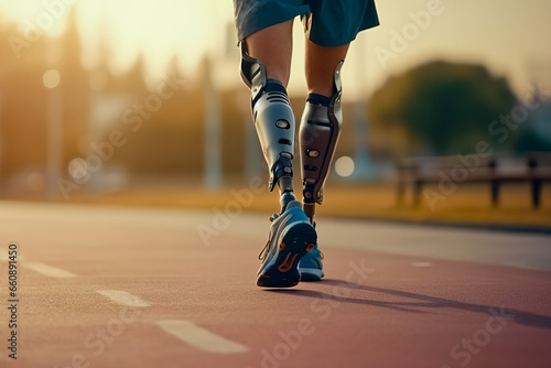 Man with prosthetic leg walking outdoor - Fitness and disability concept. Closeup.