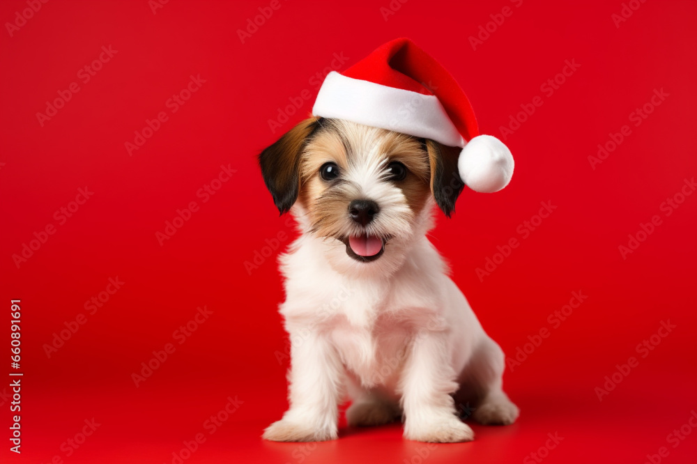 A small white and brown dog wearing a santa hat, Generative AI A small white and brown dog wearing a santa hat, Generative AI