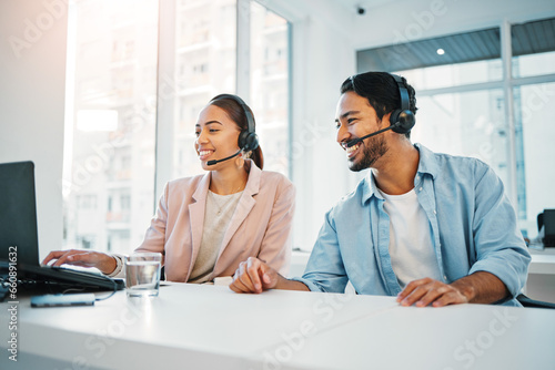 Call center, training with manager and help, laptop and support with CRM process, customer service and telecom. Working together, team and coaching with people in office, telemarketing and advice photo