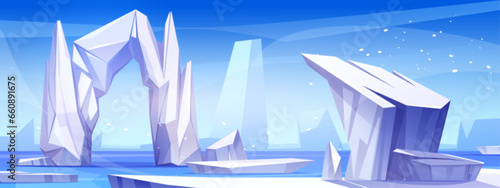 Antarctic landscape with iceberg and floes on sea surface. Vector cartoon illustration of large pieces of ice floating on ocean water, rocky ice blocks and frozen arch, snow falling from blue sky