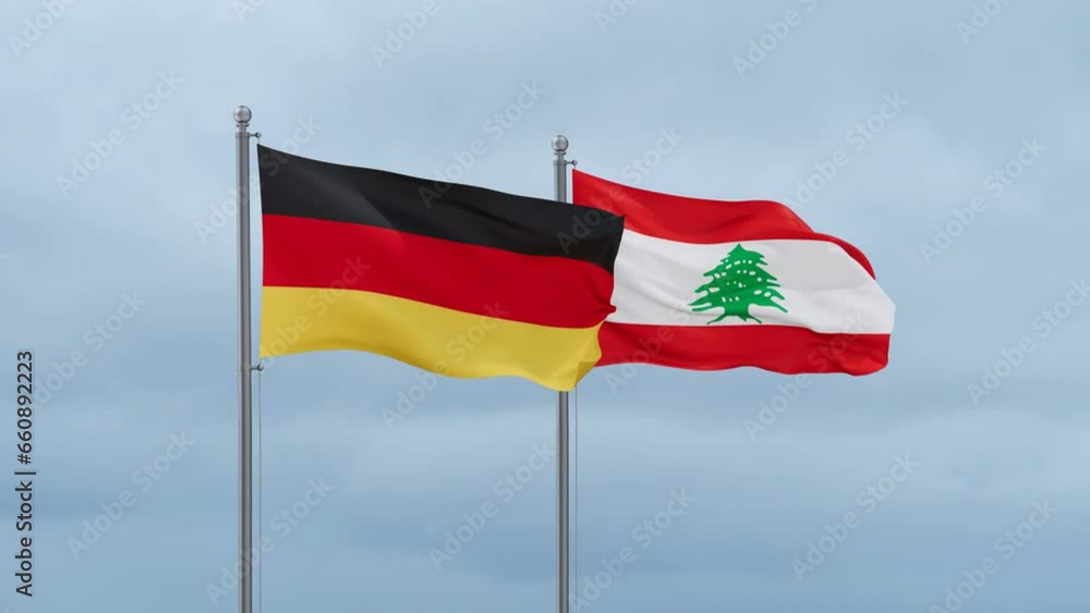 Lebanon flag and Germany flag waving together on cloudy sky, endless seamless loop, two country relations concept Lebanon flag and Germany flag waving together on cloudy sky, endless seamless loop, two country relations concept