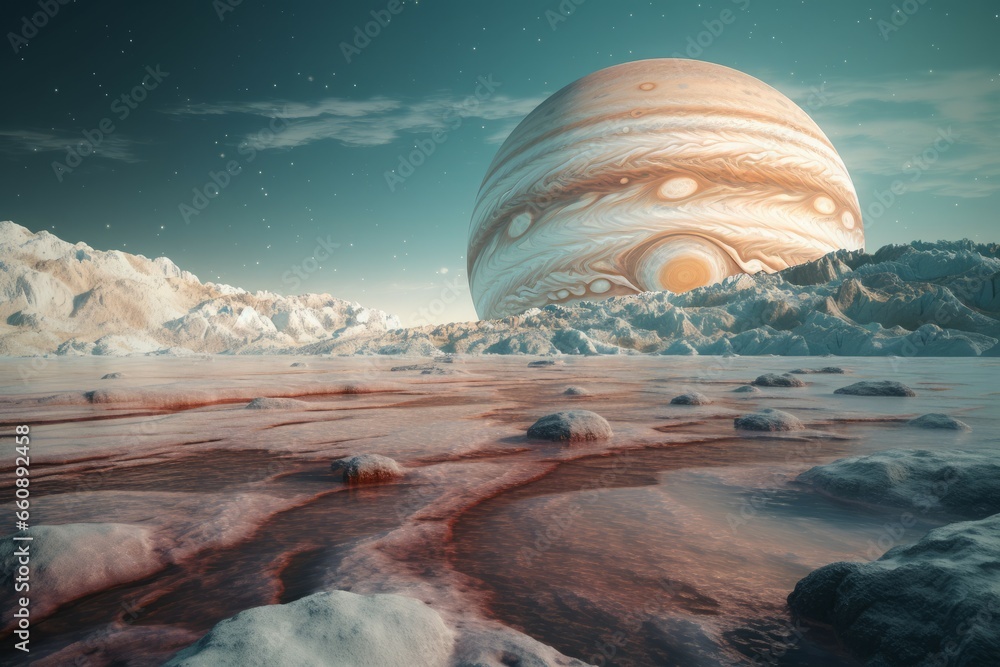 Icy landscape planet. Space frost cosmic earth view. Generate ai - obrazy, fototapety, plakaty 