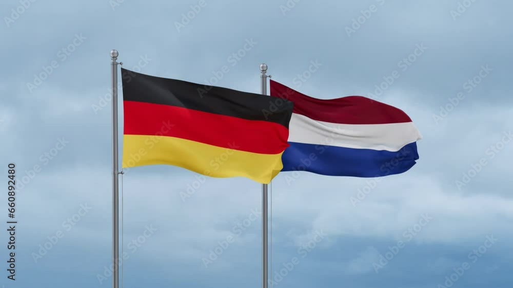 Netherlands flag and Germany flag waving together on cloudy sky, endless seamless loop, two country relations concept Netherlands flag and Germany flag waving together on cloudy sky, endless seamless loop, two country relations concept