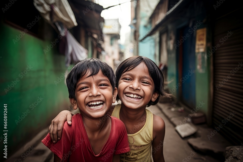 Happy Indian children. Lovely smiling kids in the Indian street. Generate ai