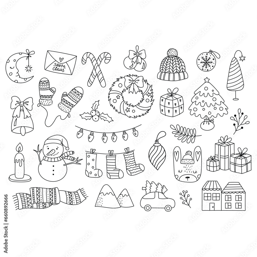 Christmas element collection hand drawn coloring
