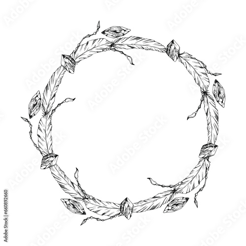 Hand drawn ink vector bird feathers, gemstone crystals isolated circle wreath frame. Sketch illustration art witchcraft, esoteric, chemistry, alchemy. Design shops, logo, print, website, card, booklet