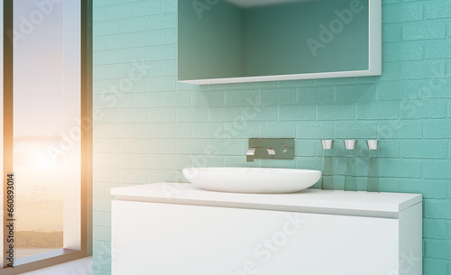 Modern bathroom including bath and sink. 3D rendering.. Sunset.