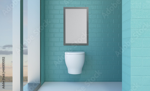 Clean and fresh bathroom with natural light. 3D rendering..Mockup.   Empty paintings