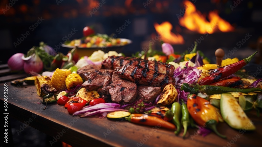 A vibrant commercial photo of a perfectly charred meats and colorful grilled veggies