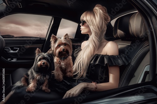 Lady flowy dress. Glamorous lady with two dogs in luxury car. Generate ai © nsit0108