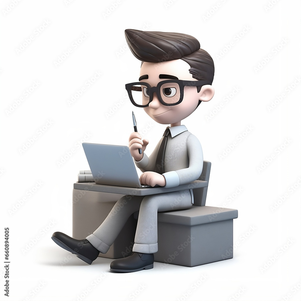 business man sitting on workspace 3D character business man sitting on workspace 3D character