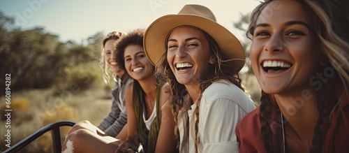 Young friends enjoy a joyful and diverse safari trip in Australia laughing adventuring and appreciating nature freely With copyspace for text photo