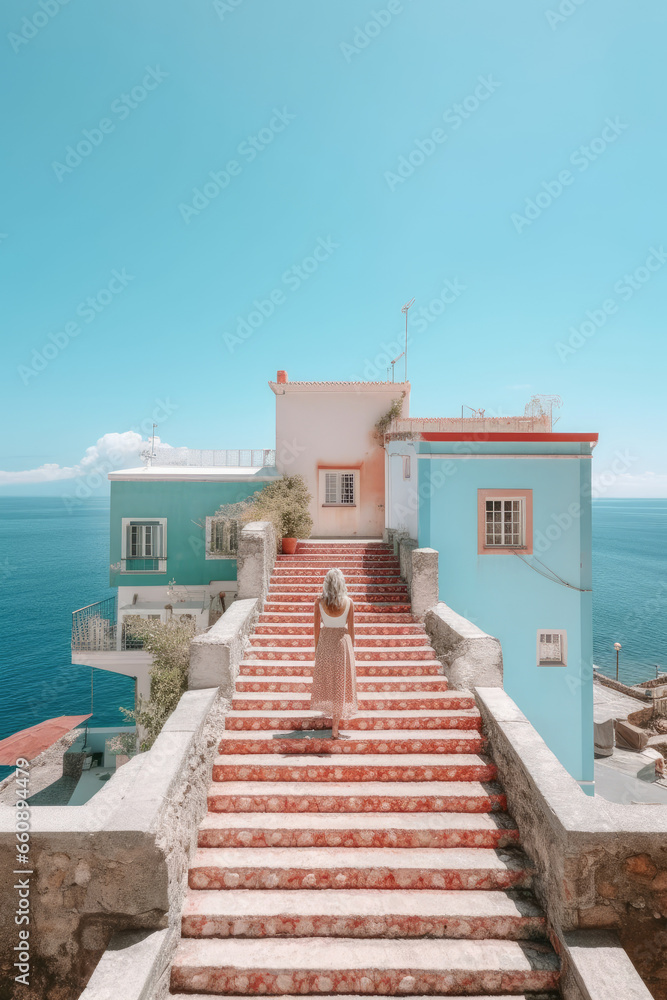 Fototapeta premium Photography created with AI. Image of a girl in a dress walking down a staircase with stunning views of the Mediterranean Sea.