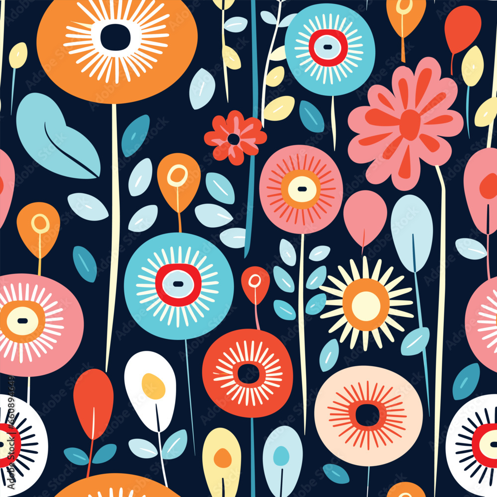 Naklejka premium Colorful flowers and leaves background seamless vector pattern with energetic feeling and composition visually stimulating look and intricate details