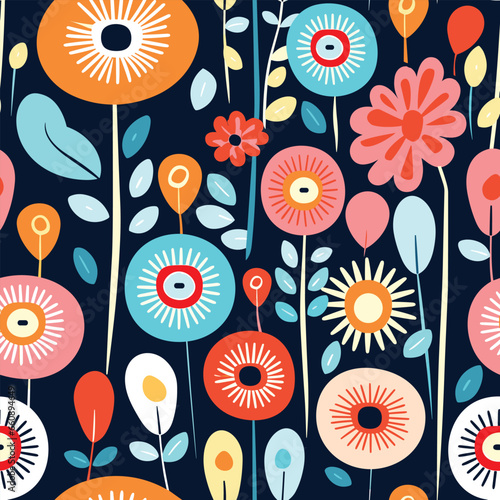 Colorful flowers and leaves background seamless vector pattern  with energetic feeling and composition visually stimulating look and  intricate details