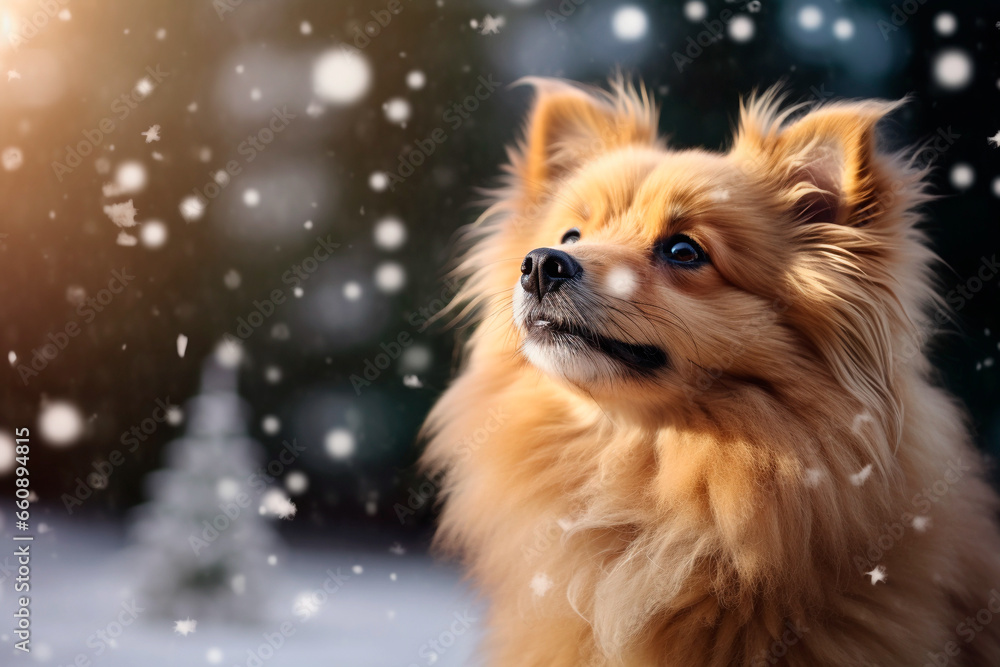 close - up of a dog pet surrounded by the festive cheer of Christmas blurred in the background close - up of a dog pet surrounded by the festive cheer of Christmas blurred in the background