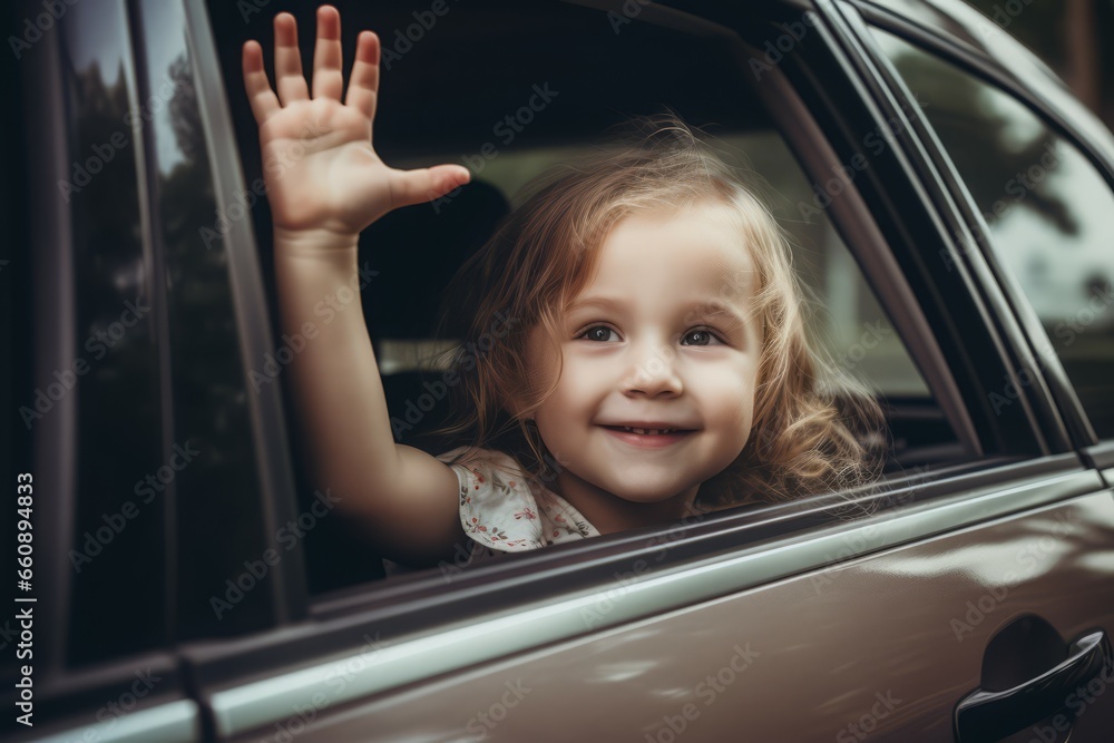 Little girl goodbye. Smiling kid waving from car open car window. Generate ai