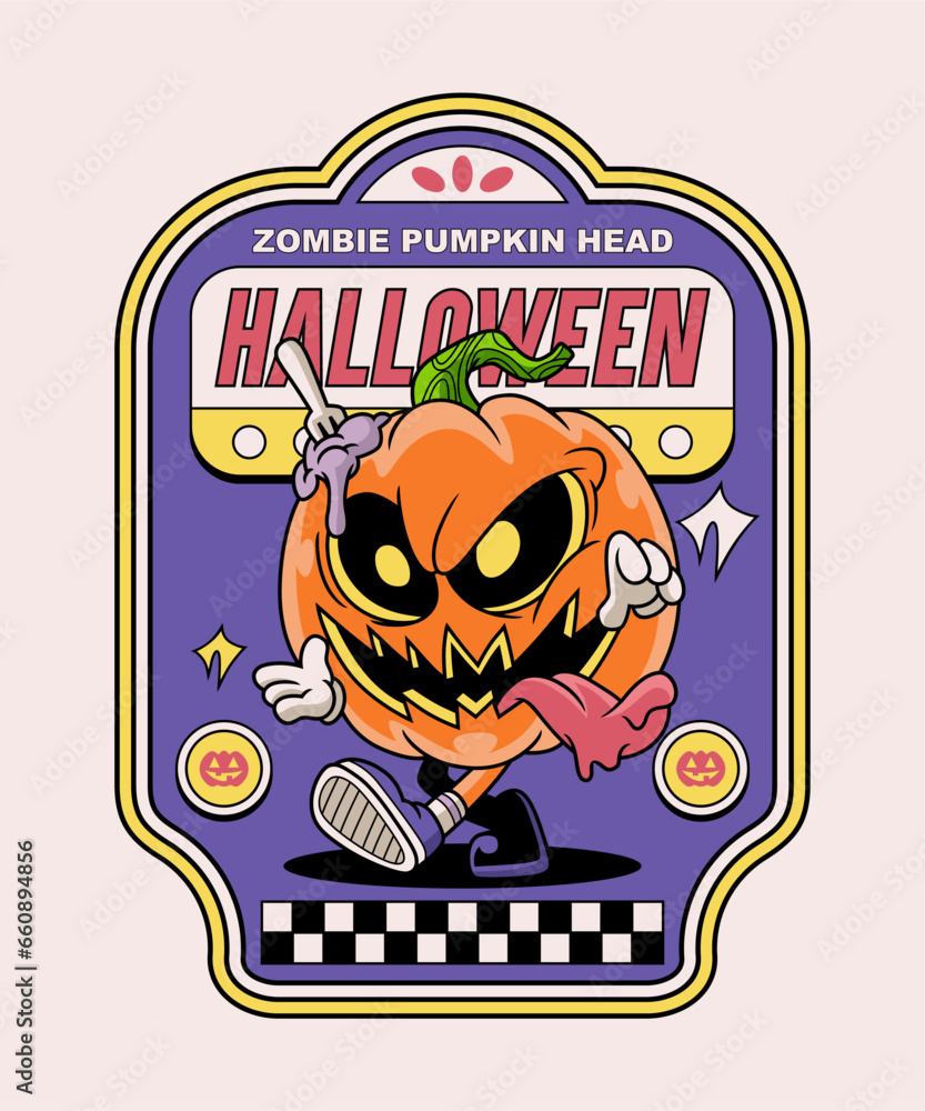 Zombie Pumpkin Head Halloween. Spooky Horror Cartoon On Art Deco Illustration Style.