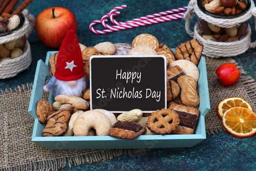 Sweets for St. Nicholas Day with the greeting Happy St. Nicholas Day on a label.