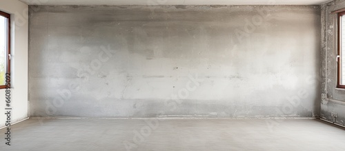 Unrenovated living room in a new apartment building with concrete walls floor and ceiling lacking plaster With copyspace for text photo