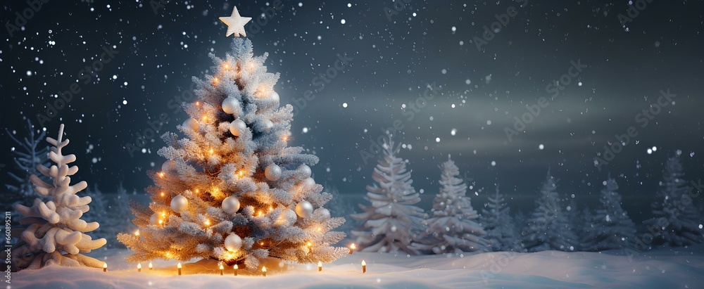 Enchanting snowy night background, highlighting a majestic fir tree decorated with shimmering Christmas toys. Generous copy space included. generative AI Enchanting snowy night background, highlighting a majestic fir tree decorated with shimmering Christmas toys. Generous copy space included. generative AI
