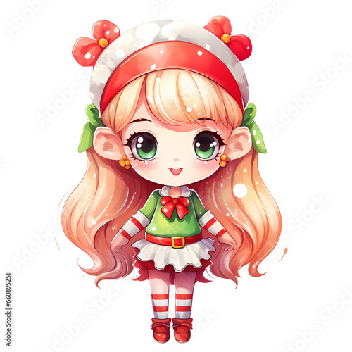 Watercolor Santa Elves Girl Christmas Clipart Illustration
