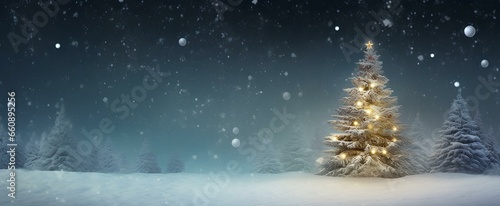 Enchanting snowy night background, highlighting a majestic fir tree decorated with shimmering Christmas toys. Generous copy space included. generative AI