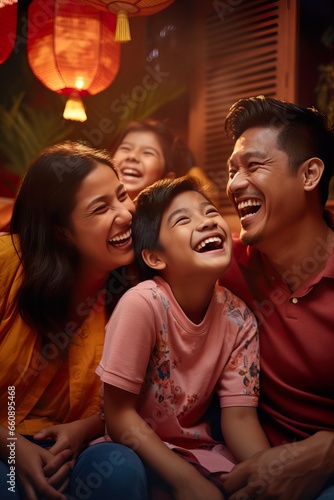 Close-Up of Joyful South East Asian Family on Couch