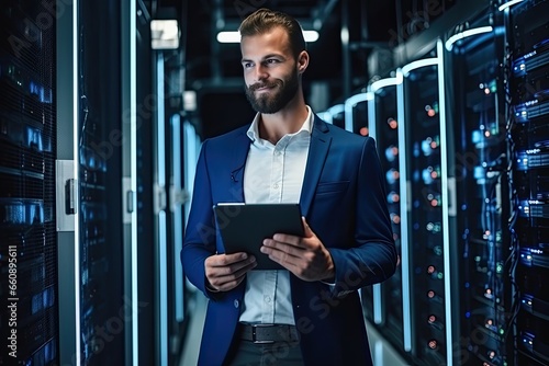 Handsome young businessman using digital tablet while standing in server room photo