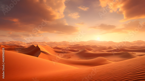 Capture the breathtaking beauty of a vast desert landscape as the setting sun casts a warm, golden hue over the rolling sand dunes. Showcase the serenity and solitude of desert life. © CanvasPixelDreams