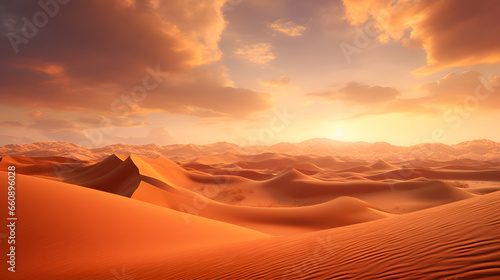 Capture the breathtaking beauty of a vast desert landscape as the setting sun casts a warm  golden hue over the rolling sand dunes. Showcase the serenity and solitude of desert life.