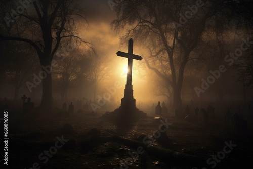 Eerie Christian cross in aged graveyard under nightfall. Generative AI