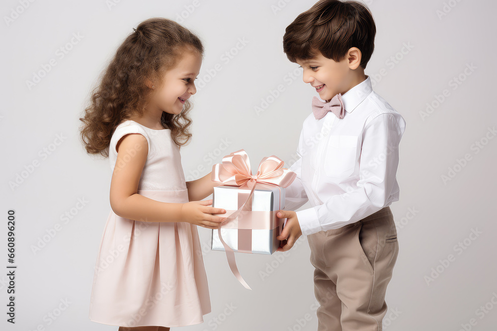 Capturing a heartwarming moment, a playful boy gives a gift to a girl in a cute pose against a white background. Ideal for celebrating the joy of childhood and special occasions. Capturing a heartwarming moment, a playful boy gives a gift to a girl in a cute pose against a white background. Ideal for celebrating the joy of childhood and special occasions.