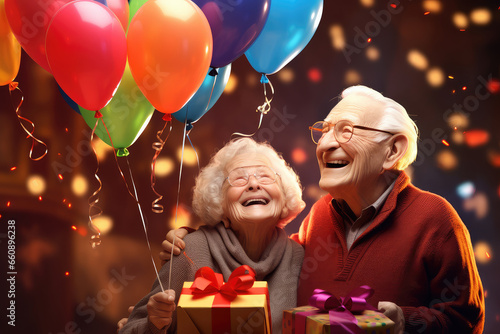 In the twilight of life, this elderly couple is surrounded by the warmth of gifts and the enchantment of a balloon festival, making their home a haven of joy and celebration.