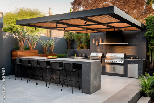 outdoor patio entertainment area with a built - in barbecue and a bar setup photo