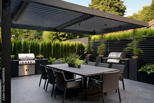 outdoor patio entertainment area with a built - in barbecue and a bar setup