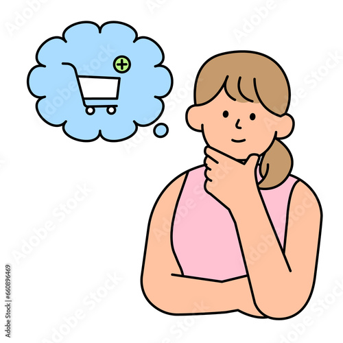 Woman thinking about shopping. simple vector illustration.