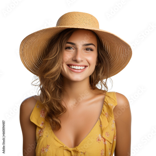 A woman wearing a straw hat for summer travel is smiling happily on PNG transparent background.