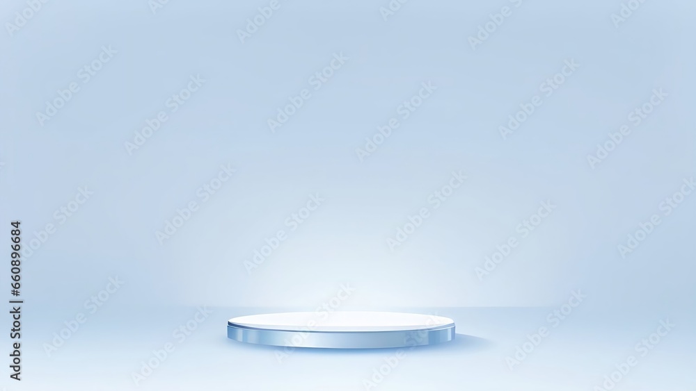 Podium of an round shape against a light blue wall with beautiful backlighting. Trendy modern background for presentation. AI generated.