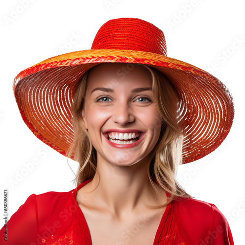 A woman in a sexy red summer dress wearing a straw hat is smiling happily on PNG transparent background. Summer travel concept.