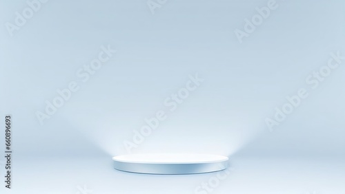 Podium of an round shape against a light blue wall with beautiful backlighting. Trendy modern background for presentation. AI generated.