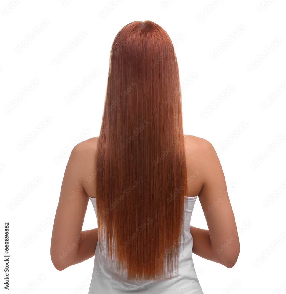 Naklejka premium Woman with healthy hair after treatment on white background, back view