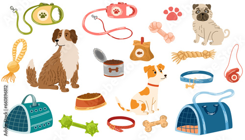 Pet shop assortment, dogs accessories. Set of store supply items for domestic pets, beds, animal food, toys, transportation, collars and feed. Dogs of different breeds. Vector hand draw illustration.