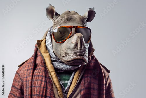 Rhinoceros head wearing sunglasses on the human body of a man wearing winter clothe.