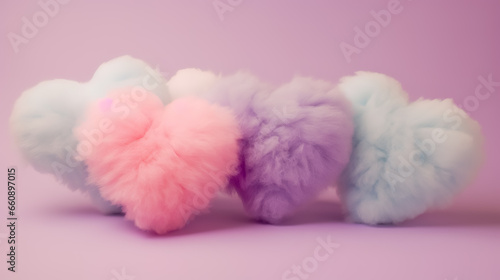 Set of fluffy heart cloud. White, blue, pink and purple color.