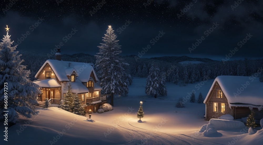 christmas decorated house in winter, house in the snow, christmas decorated house in winter in the forest, christmas scene in the forest