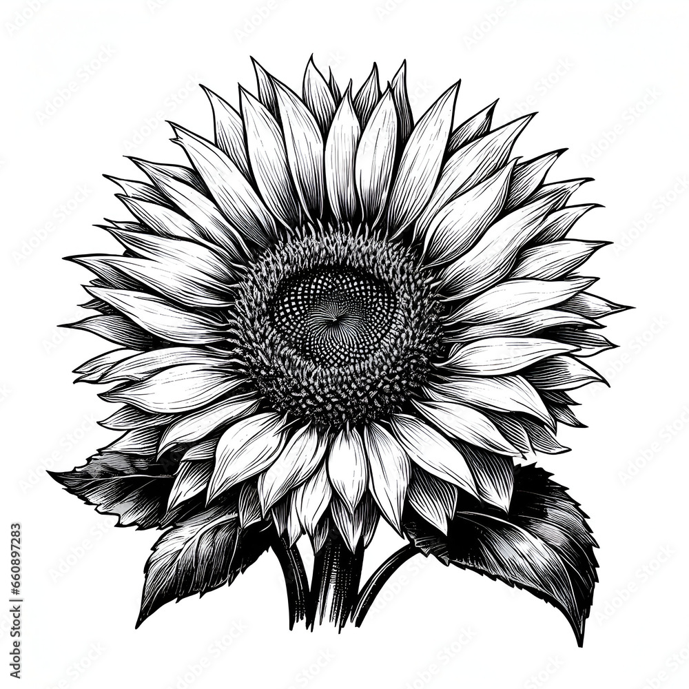 Sunflower Blossom Line Art, black and white sunflowers illustration on white background
